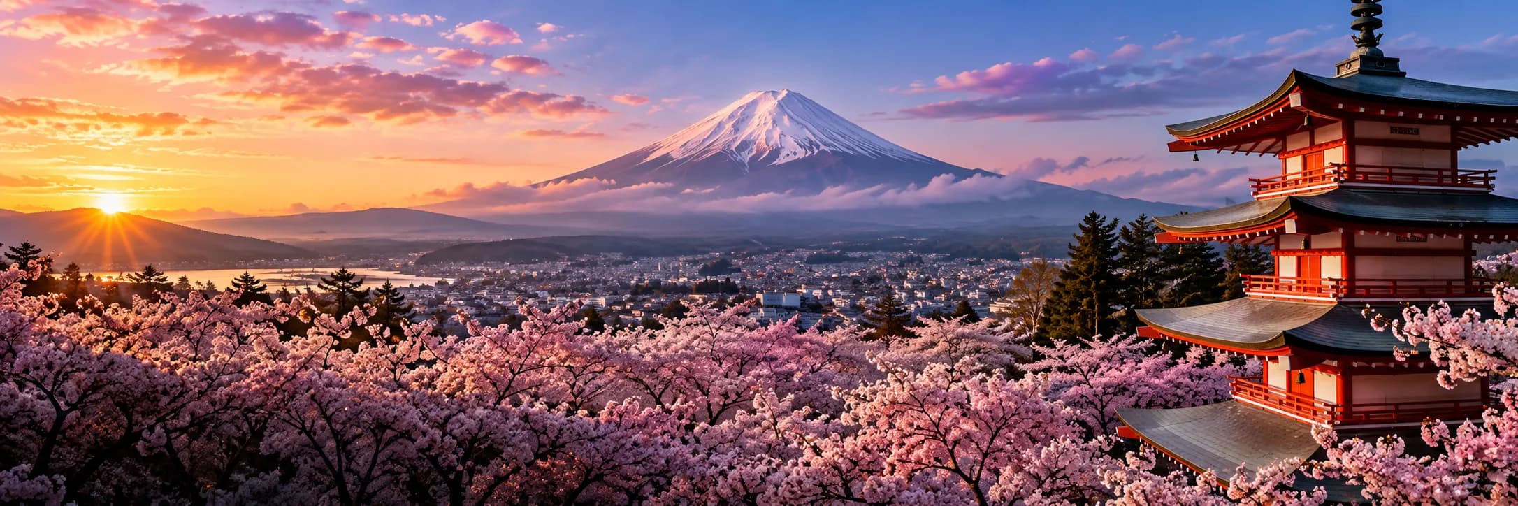 Mount Fuji and a pagoda among cherry blossoms